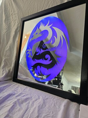 LED Lighted Mirror with Black or White Frame and Dragon With Flame Background Wall Hanger - image1